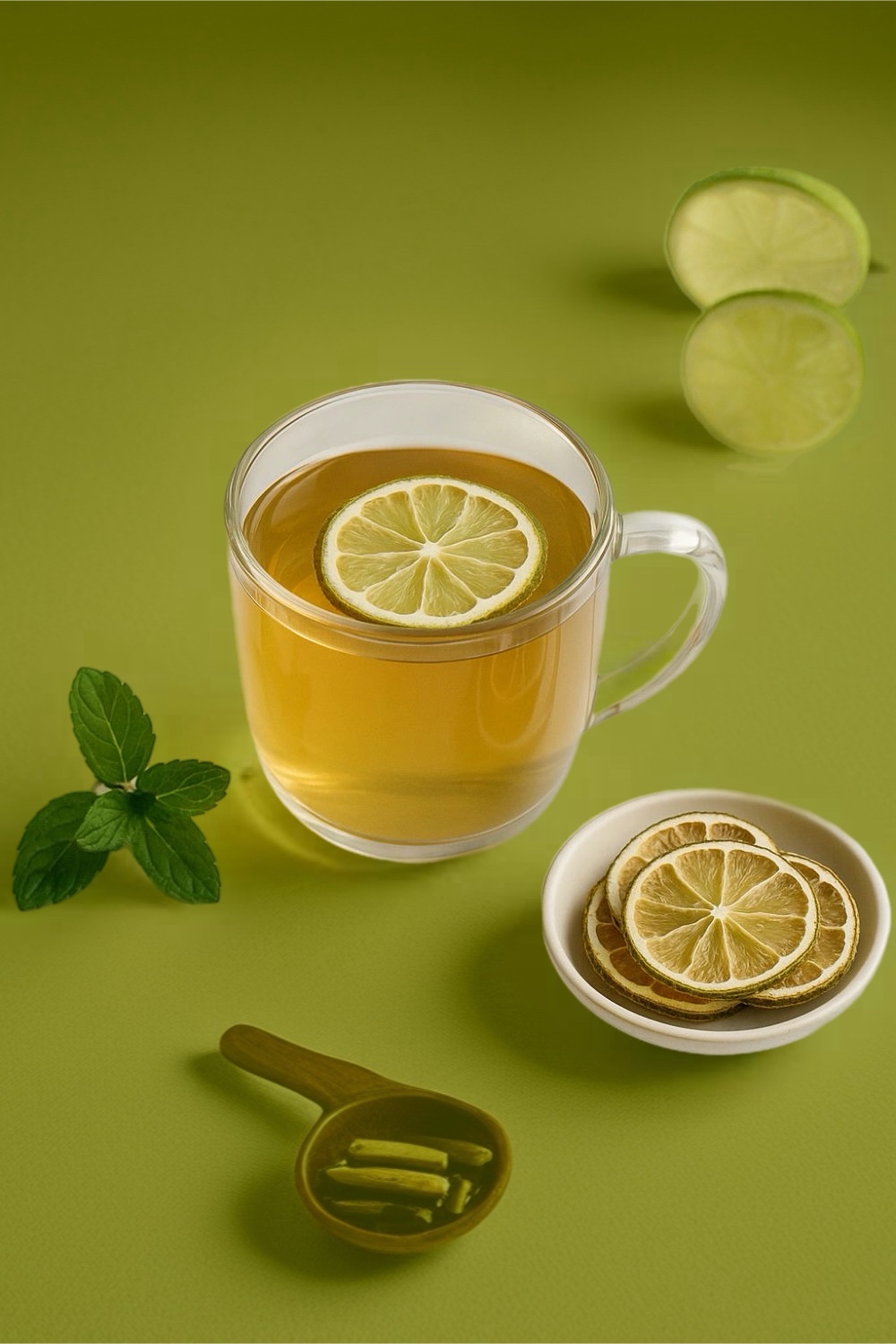 Image of Glass Mug of Tea with Dehydrated Lime Slices